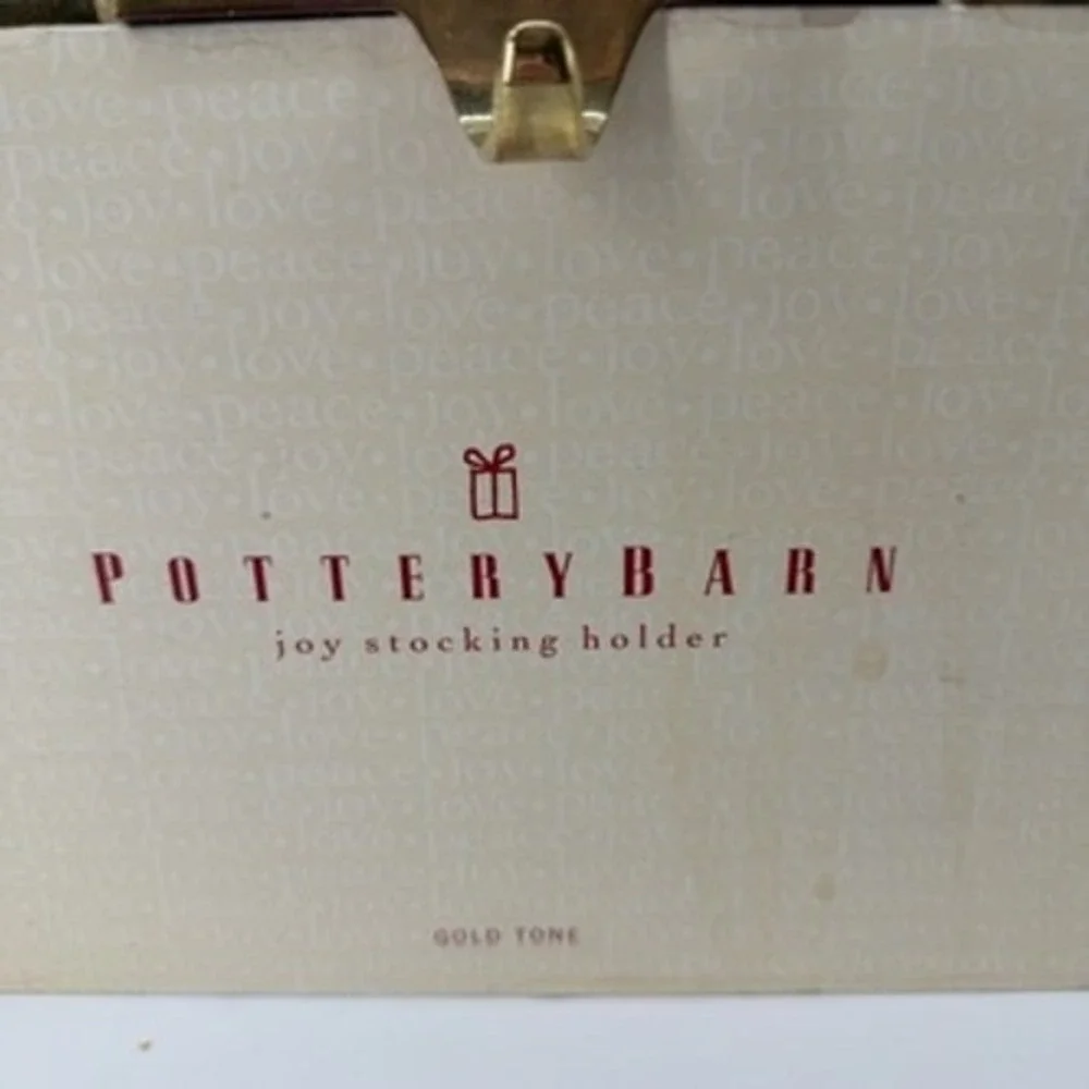 Pottery Barn JOY Stocking Holder Set Gold Tone Metal Weighted Mantel Decor 3pc